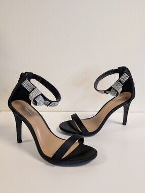 Christian Siriano Glam Rhinestone Bow Heels Black Satin Sandals Size  7